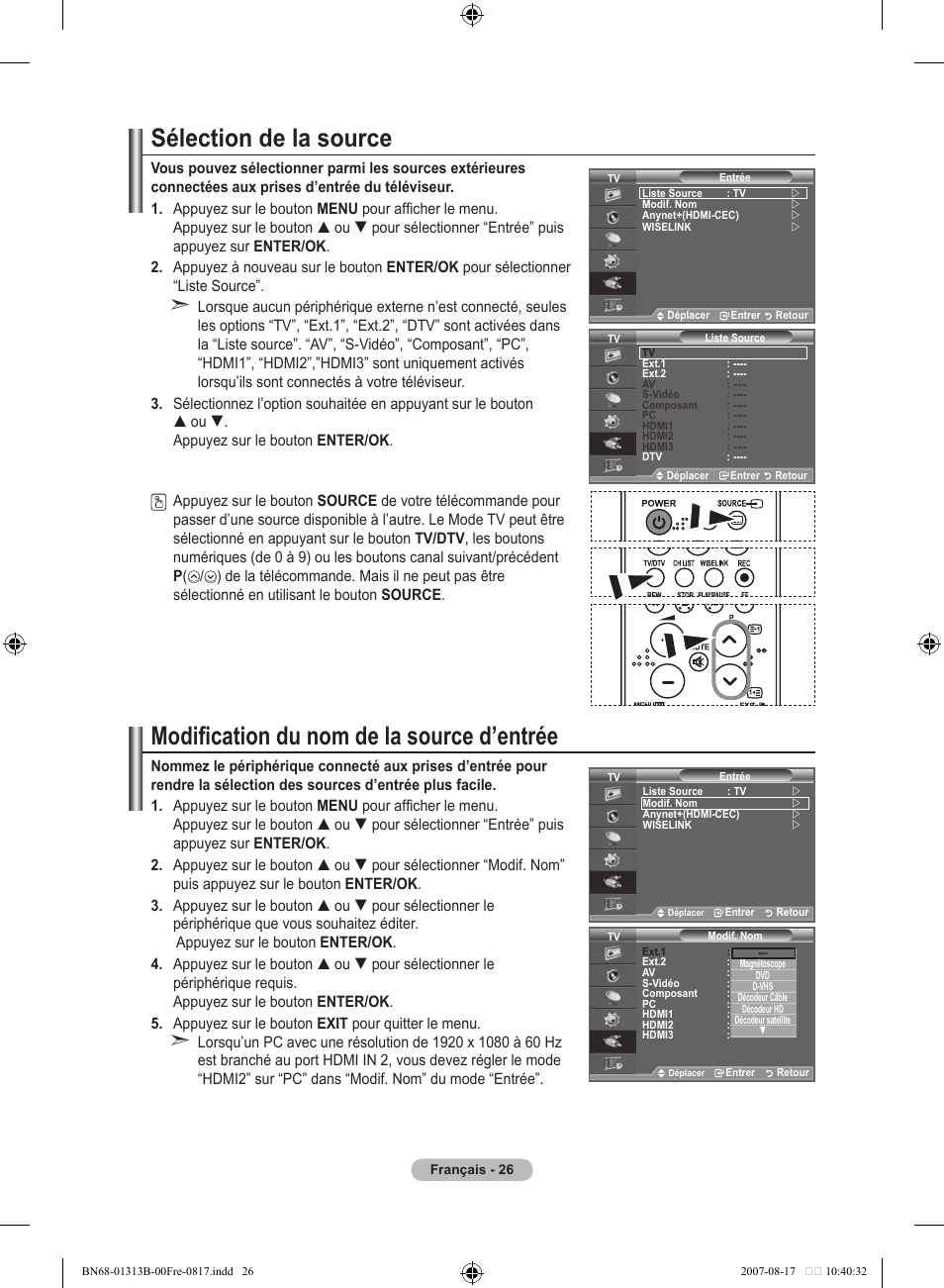 Sélection de la source, Modification du nom de la source d’entrée | Samsung LE52F96BD User Manual | Page 92 / 516