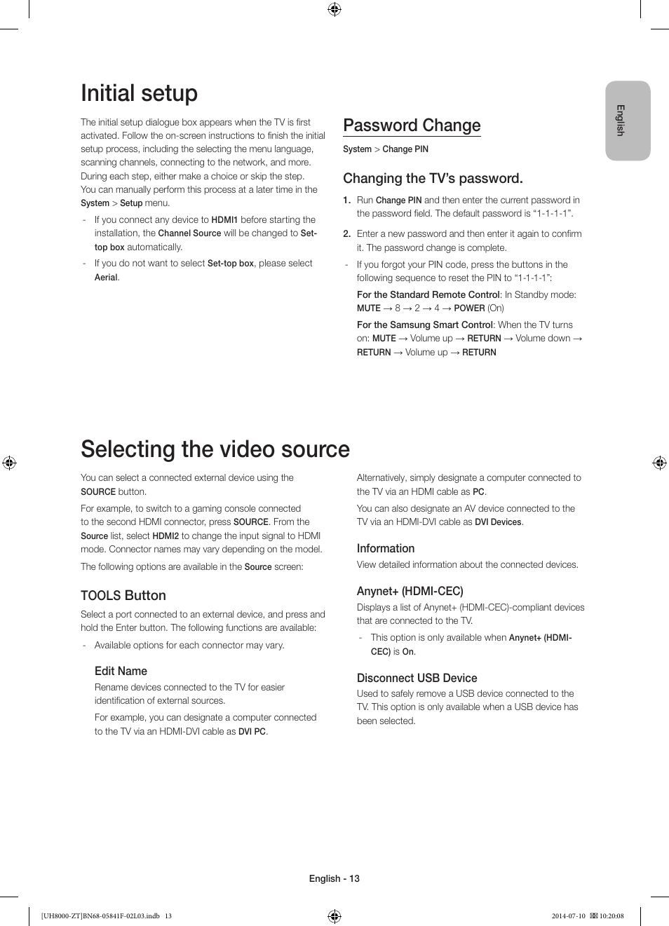 Initial setup, Selecting the video source, Password change | Changing the tv’s password, Button, Tools | Samsung UE55H8000SZ User Manual | Page 13 / 69