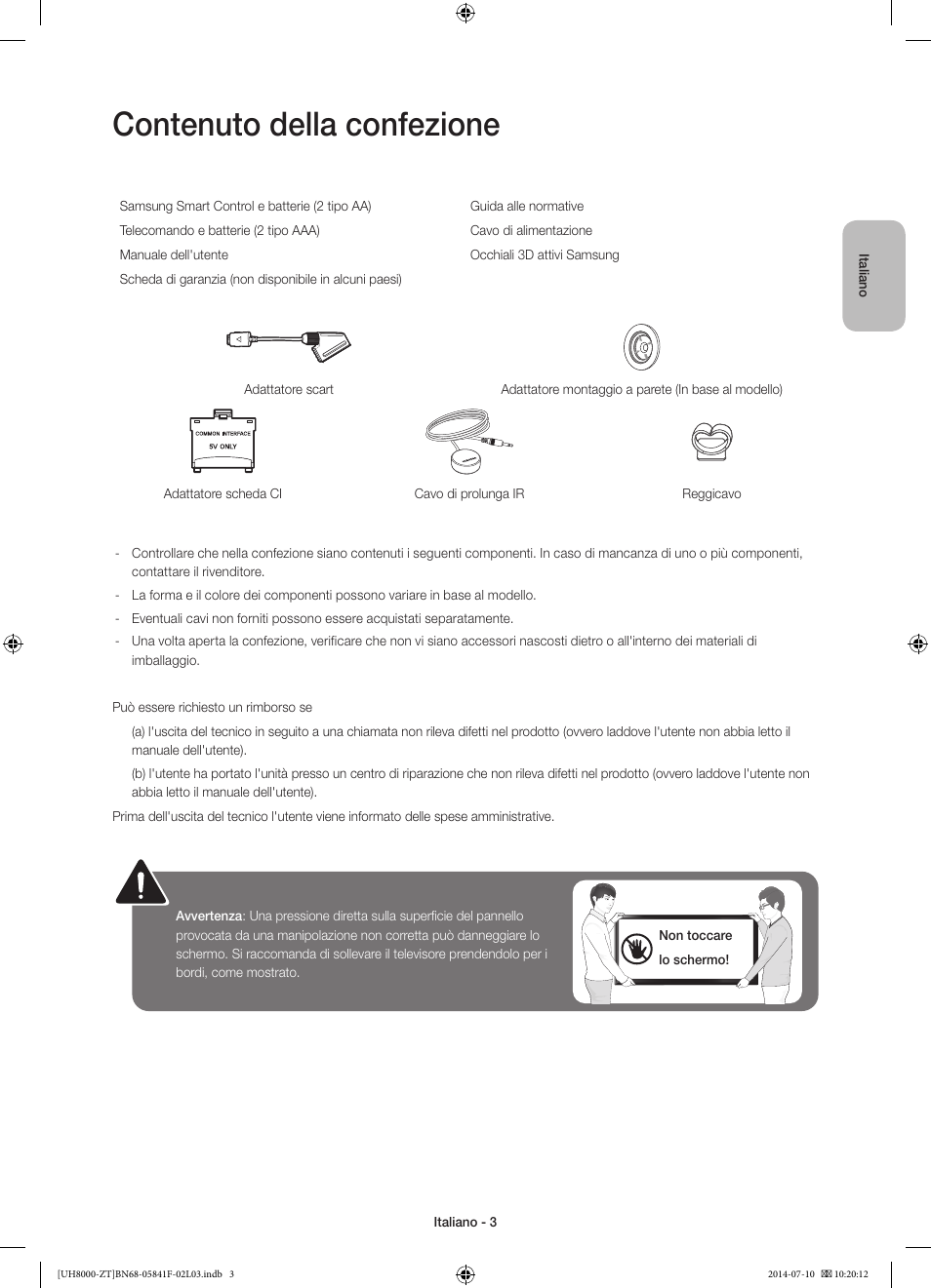 Contenuto della confezione | Samsung UE55H8000SZ User Manual | Page 25 / 69