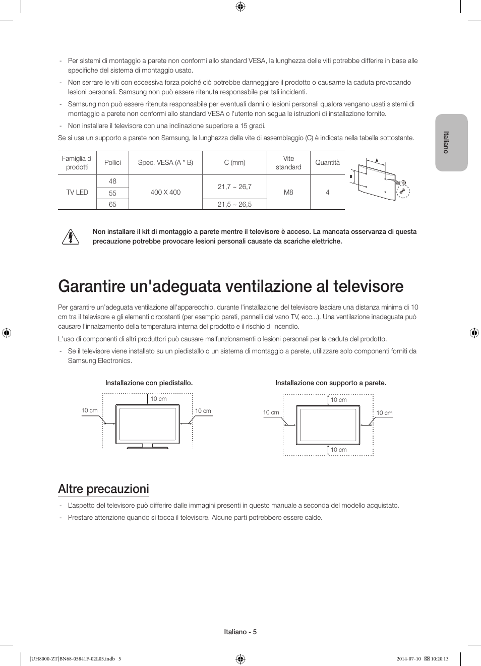 Garantire un'adeguata ventilazione al televisore, Altre precauzioni | Samsung UE55H8000SZ User Manual | Page 27 / 69
