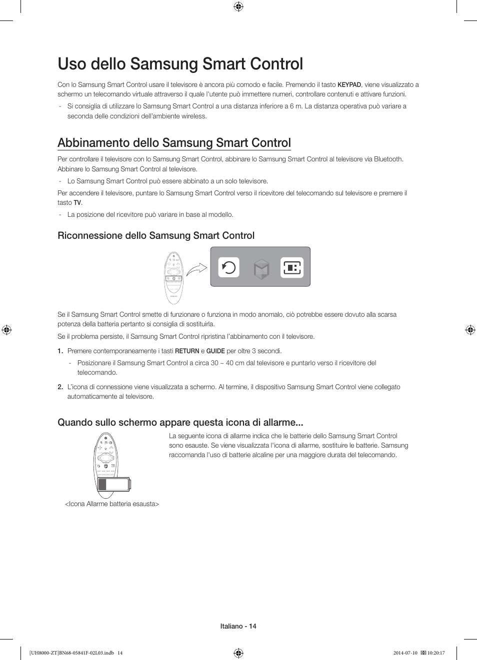 Uso dello samsung smart control, Abbinamento dello samsung smart control, Riconnessione dello samsung smart control | Samsung UE55H8000SZ User Manual | Page 36 / 69