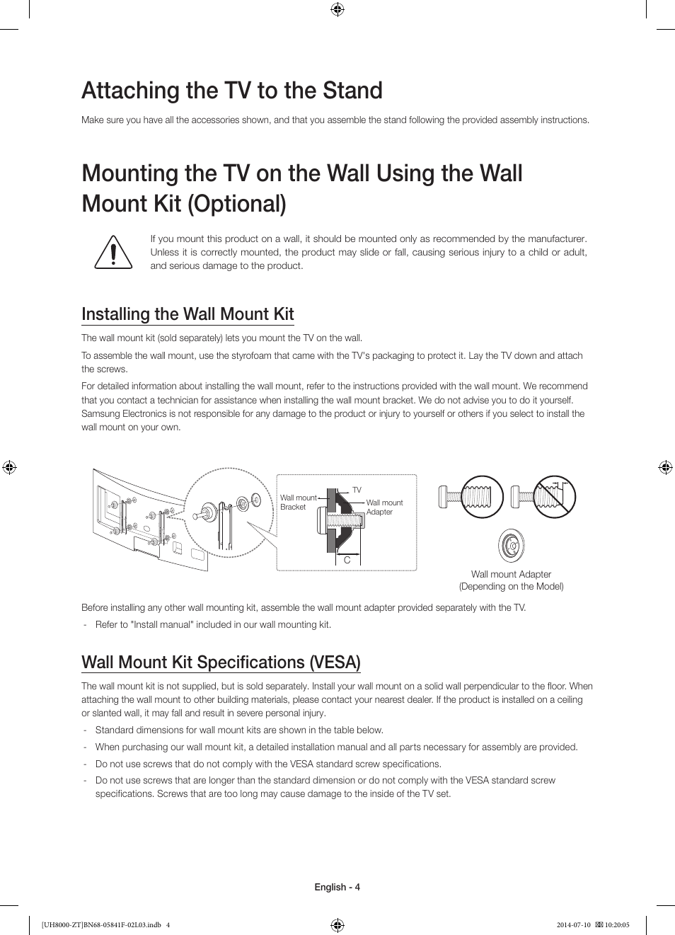 Attaching the tv to the stand, Installing the wall mount kit, Wall mount kit specifications (vesa) | Samsung UE55H8000SZ User Manual | Page 4 / 69