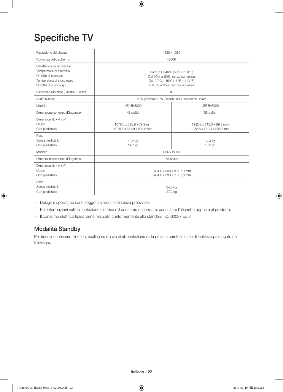 Specifiche tv, Modalità standby | Samsung UE55H8000SZ User Manual | Page 44 / 69