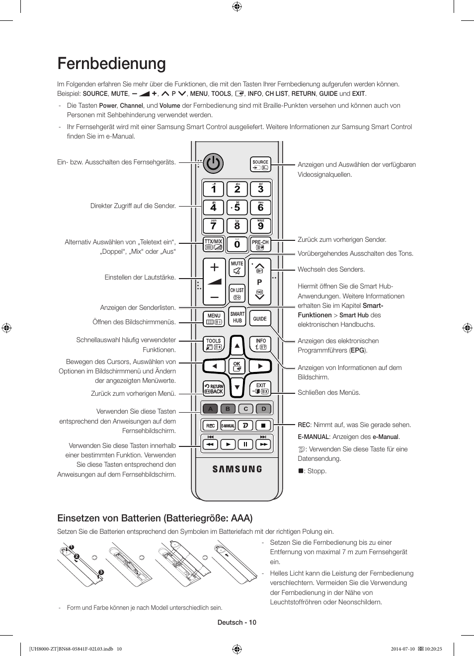 Fernbedienung, Einsetzen von batterien (batteriegröße: aaa) | Samsung UE55H8000SZ User Manual | Page 56 / 69
