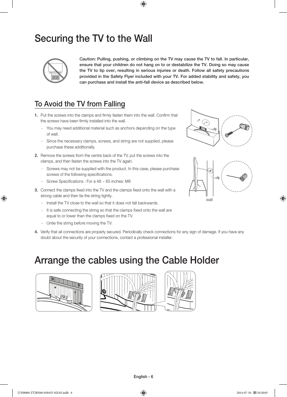 Securing the tv to the wall, Arrange the cables using the cable holder | Samsung UE55H8000SZ User Manual | Page 6 / 69