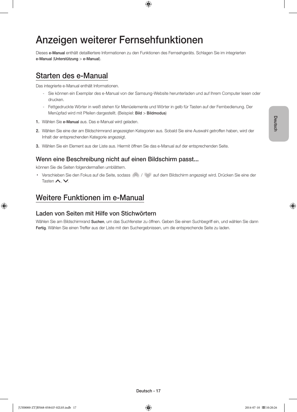 Anzeigen weiterer fernsehfunktionen, Starten des e-manual, Weitere funktionen im e-manual | Laden von seiten mit hilfe von stichwörtern | Samsung UE55H8000SZ User Manual | Page 63 / 69