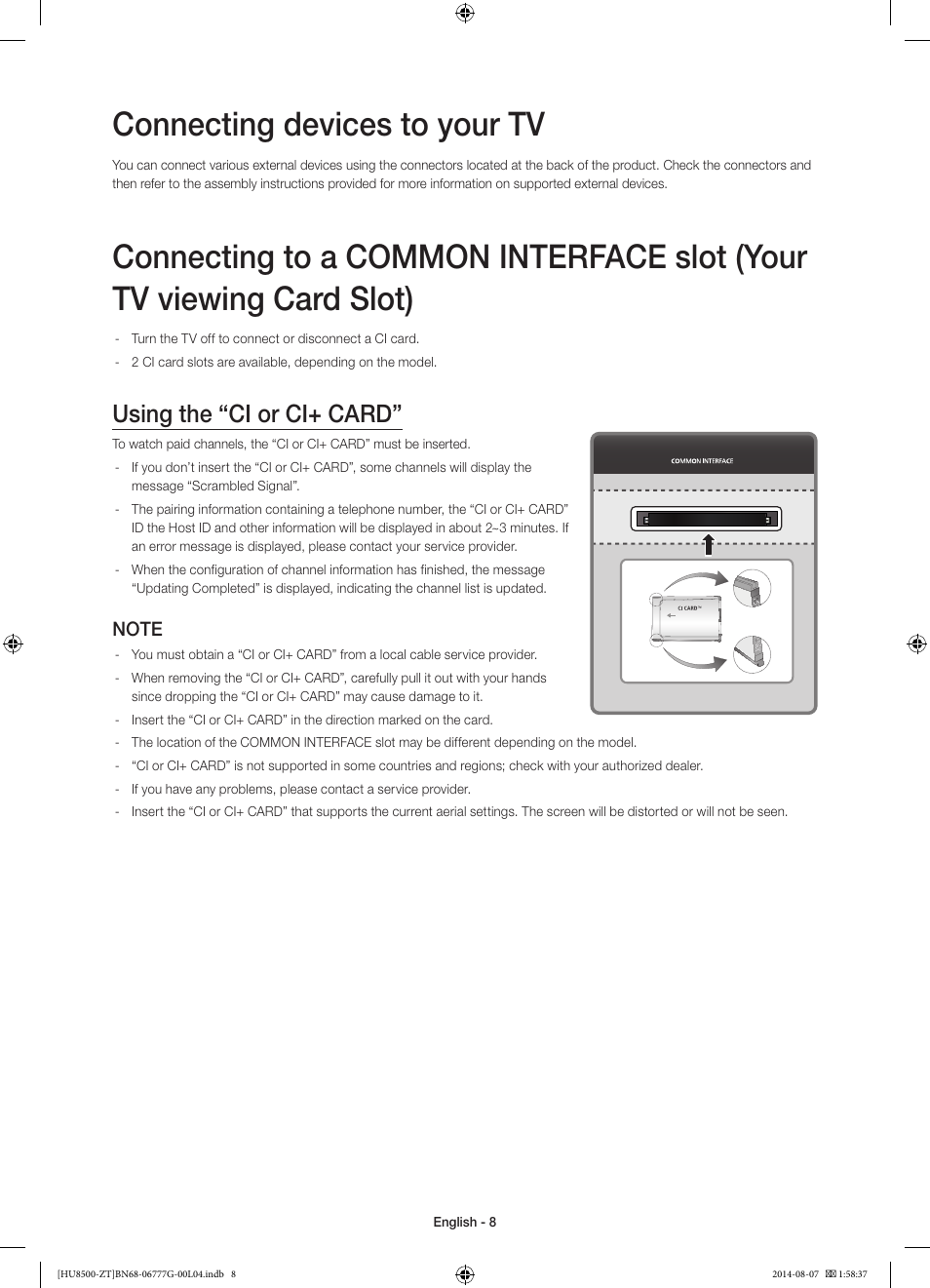 Connecting devices to your tv, Using the “ci or ci+ card | Samsung UE65HU8500Z User Manual | Page 8 / 76