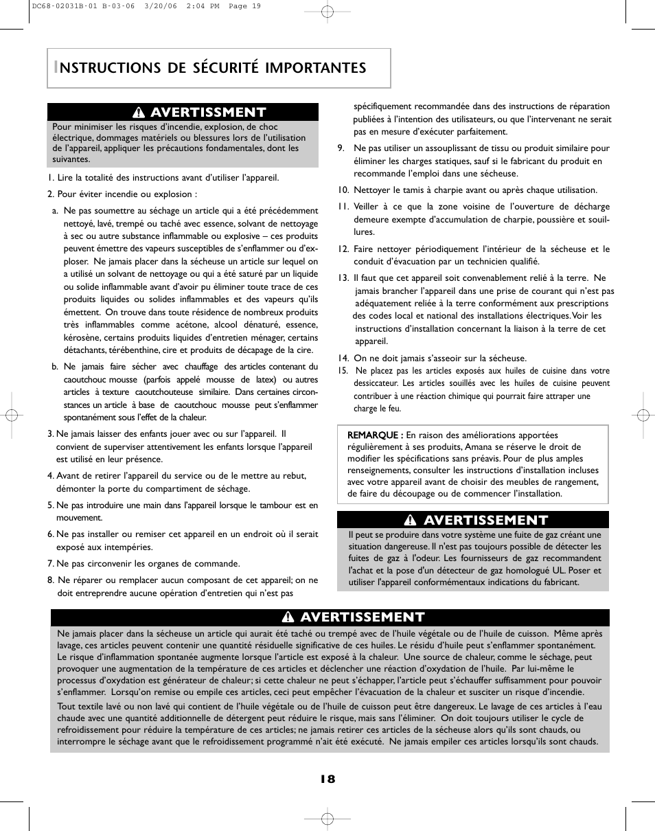 Nstructions de sécurité importantes, Avertissement, Avertissment avertissement | Amana W101611016 User Manual | Page 19 / 48