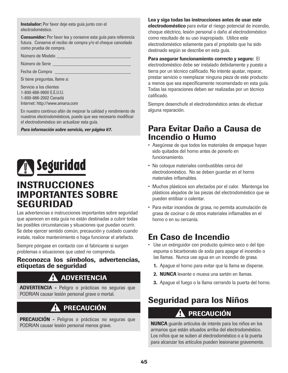 Seguridad, Instrucciones importantes sobre seguridad, Para evitar daño a causa de incendio o humo | En caso de incendio, Seguridad para los niños | Amana Wall Oven User Manual | Page 46 / 68