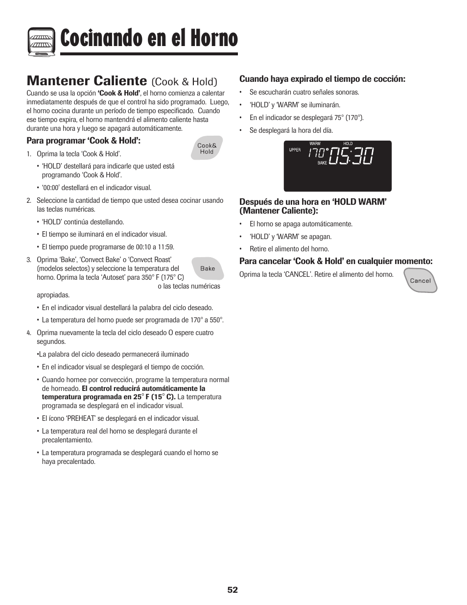 Cocinando en el horno, Mantener caliente, Cook & hold) | Amana Wall Oven User Manual | Page 53 / 68