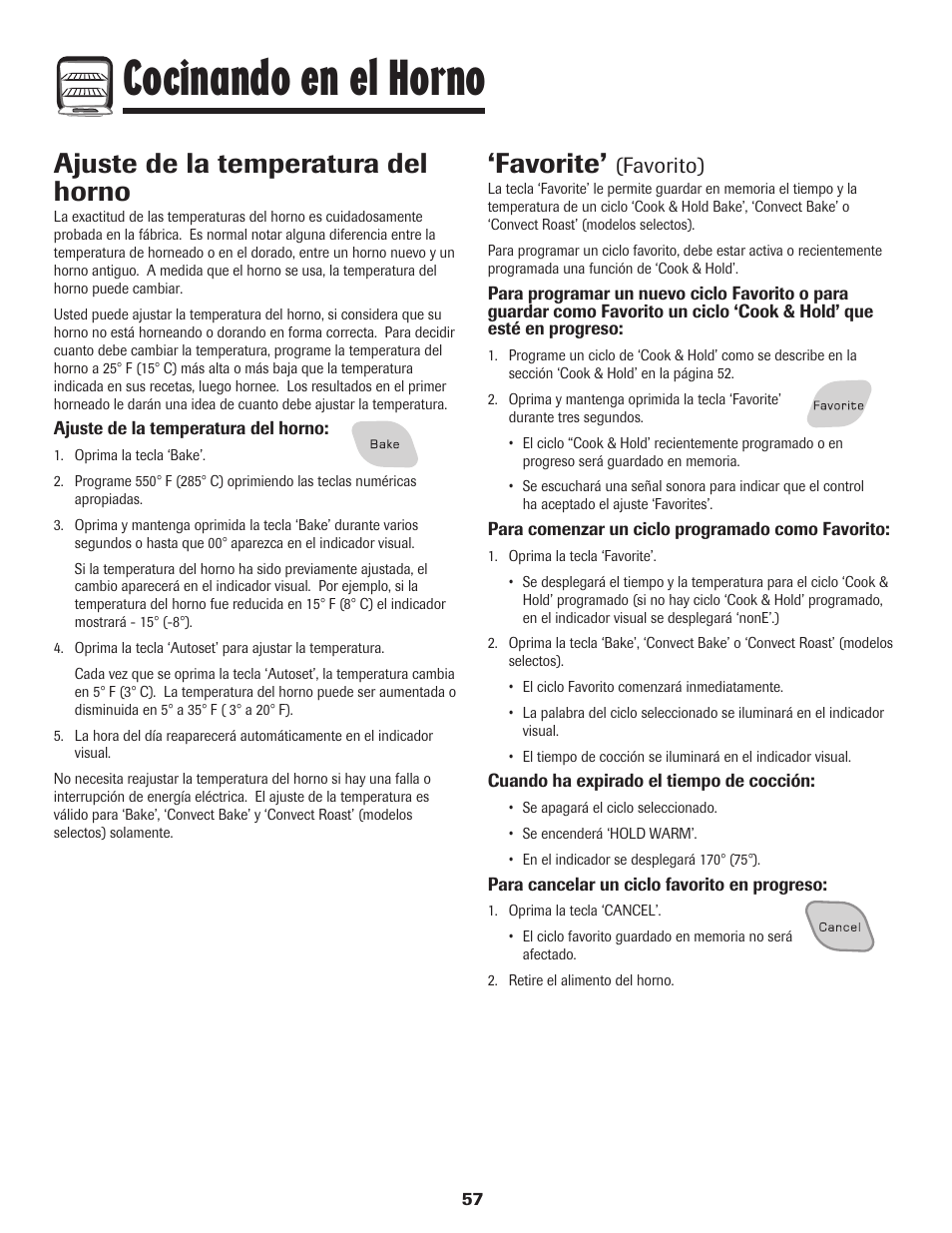 Cocinando en el horno, Favorite, Ajuste de la temperatura del horno | Favorito) | Amana Wall Oven User Manual | Page 58 / 68
