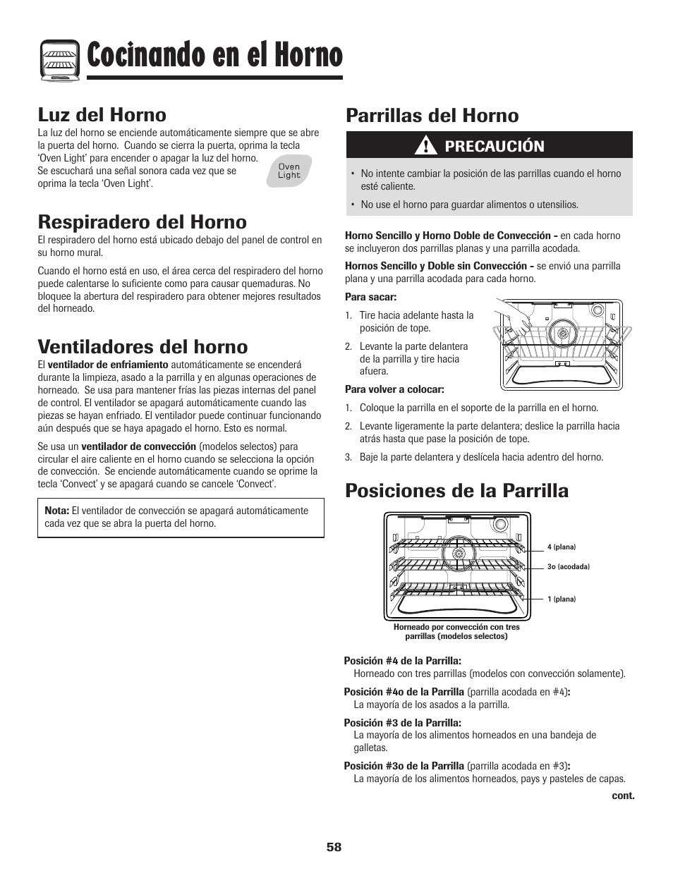 Cocinando en el horno, Parrillas del horno, Luz del horno | Respiradero del horno, Ventiladores del horno, Posiciones de la parrilla, Precaución | Amana Wall Oven User Manual | Page 59 / 68