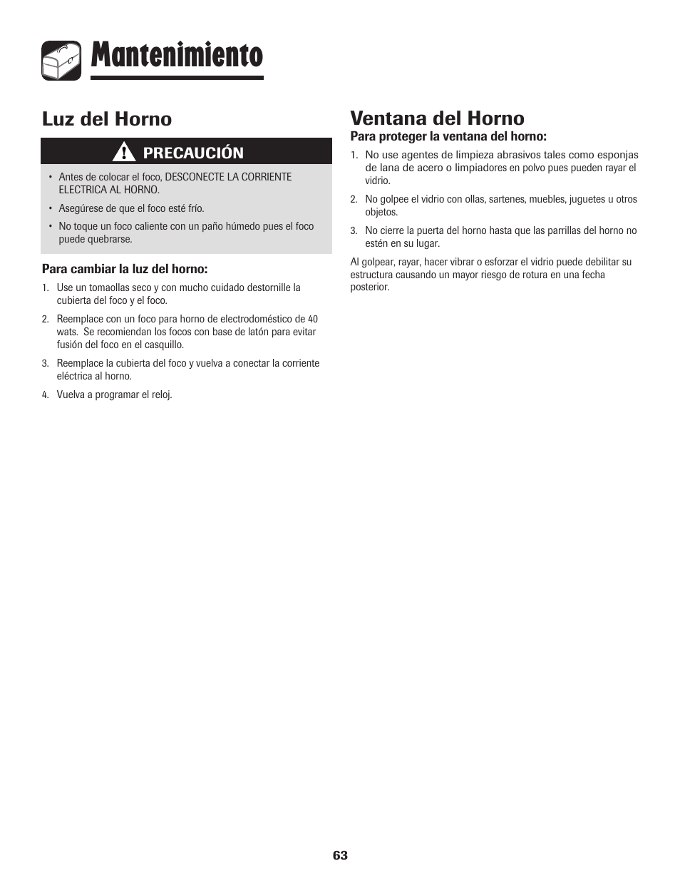 Mantenimiento, Luz del horno, Ventana del horno | Amana Wall Oven User Manual | Page 64 / 68