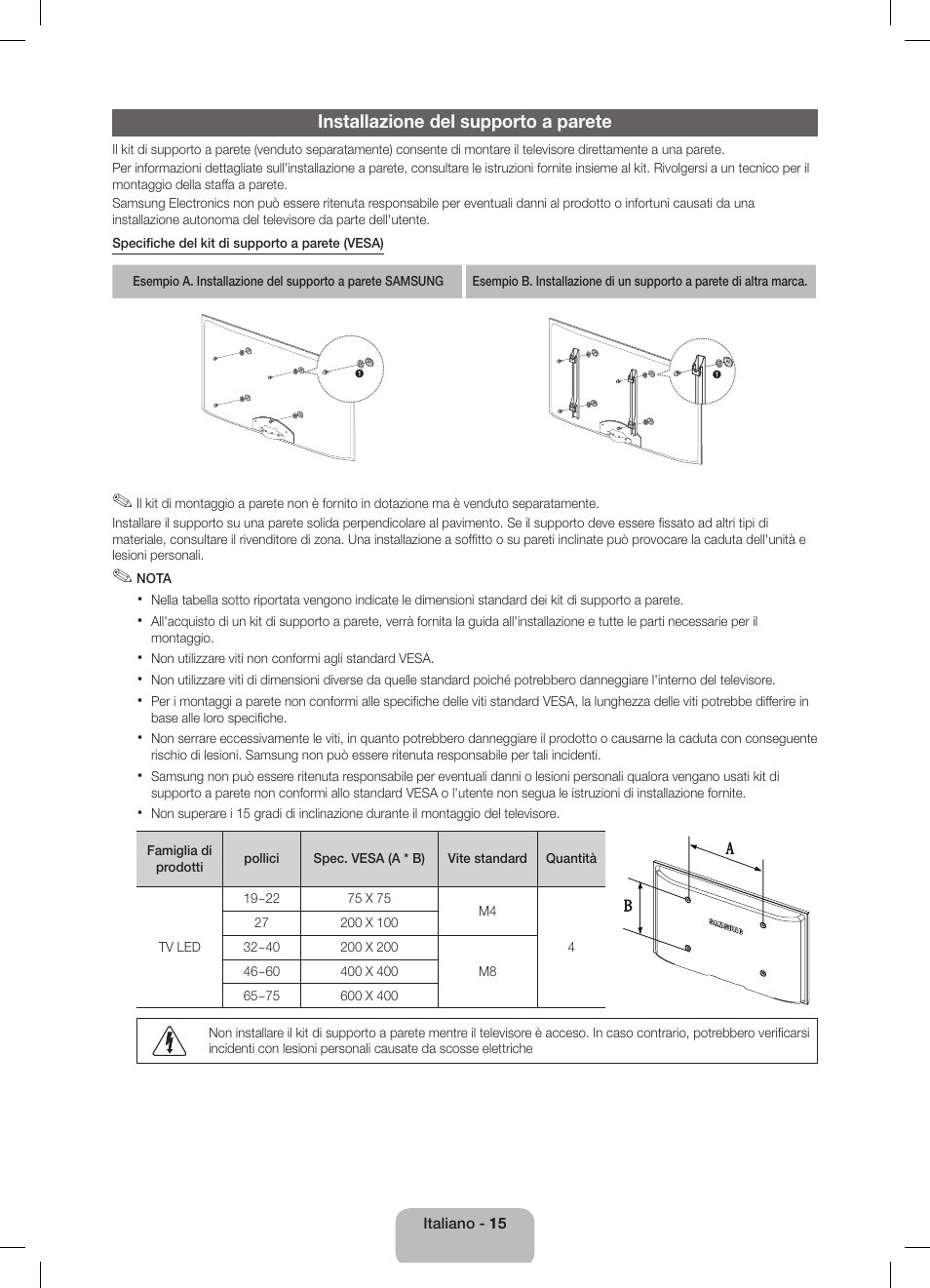 Installazione del supporto a parete | Samsung UE40D5800VW User Manual | Page 69 / 74