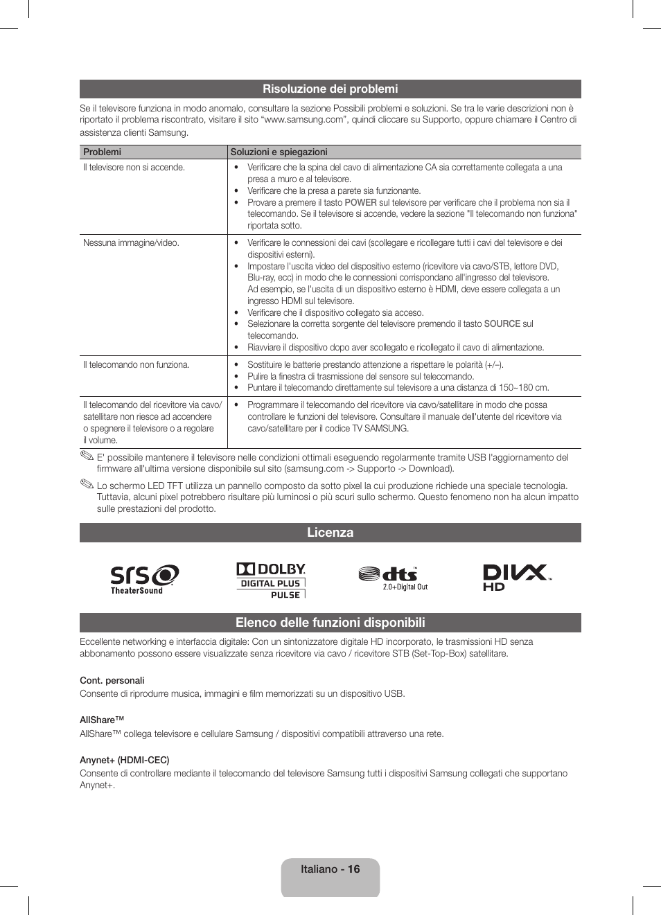 Licenza elenco delle funzioni disponibili | Samsung UE40D5800VW User Manual | Page 70 / 74