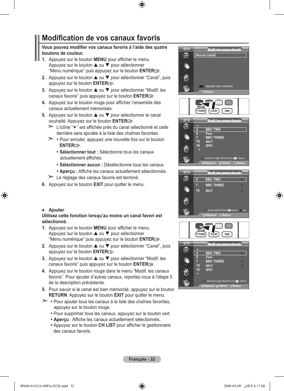 Modification de vos canaux favoris | Samsung LE37A656A1F User Manual | Page 102 / 546