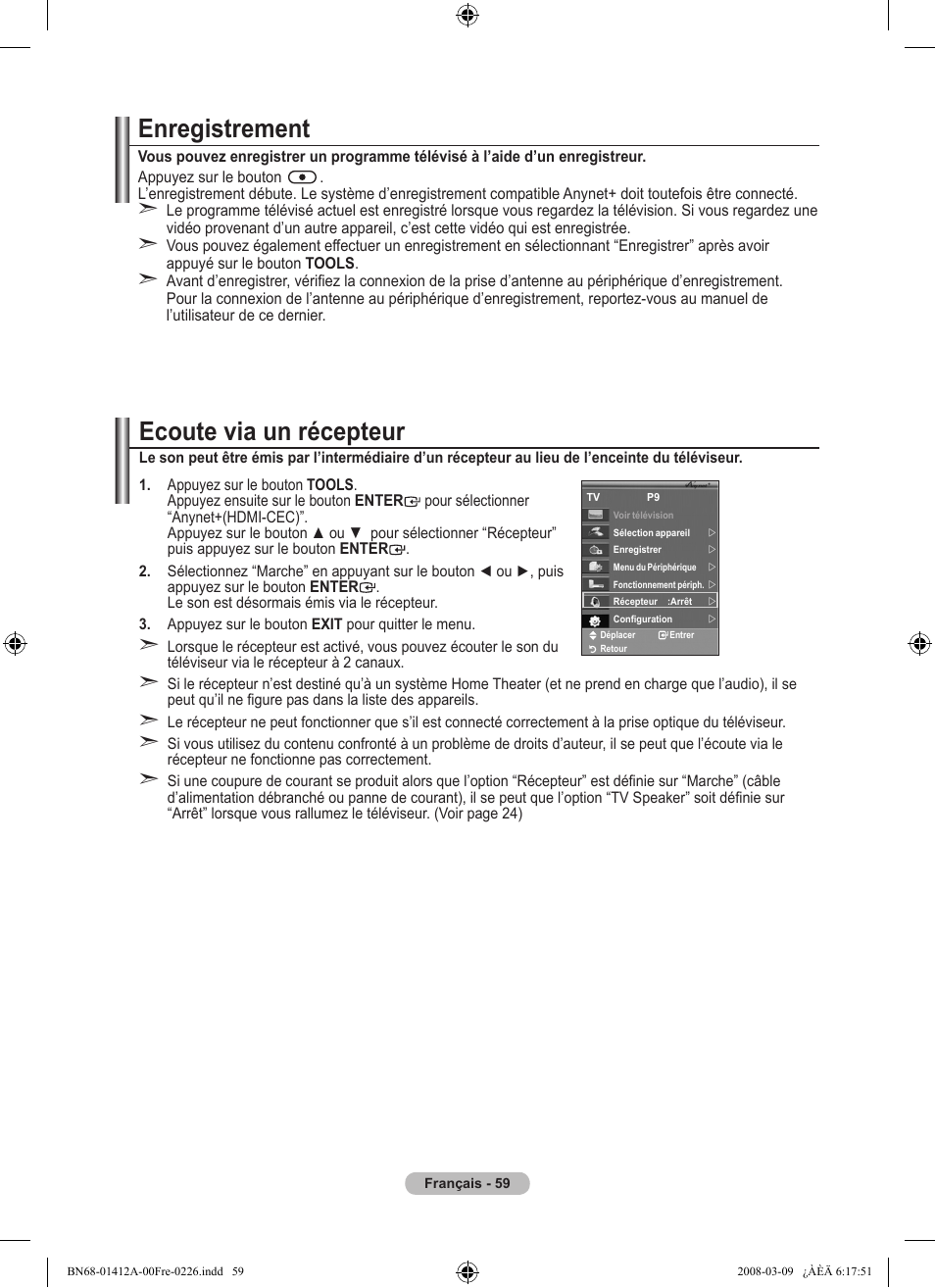 Enregistrement, Ecoute via un récepteur | Samsung LE37A656A1F User Manual | Page 129 / 546