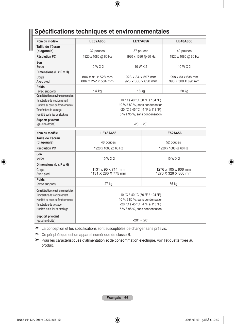 Spécifications techniques et environnementales | Samsung LE37A656A1F User Manual | Page 136 / 546