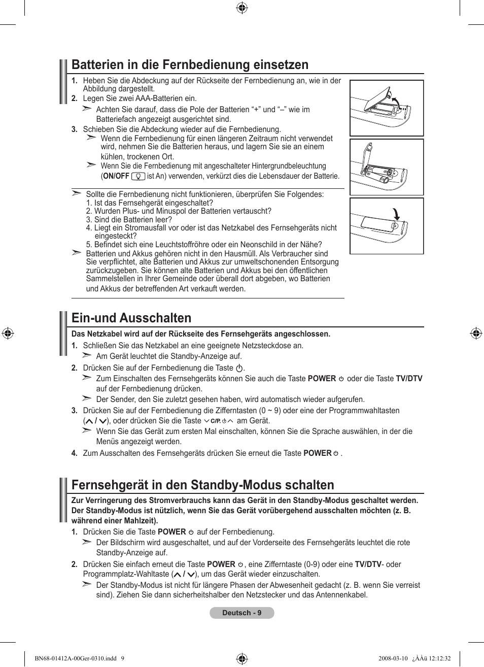 Batterien in die fernbedienung einsetzen, Ein-und ausschalten, Fernsehgerät in den standby-modus schalten | Samsung LE37A656A1F User Manual | Page 147 / 546