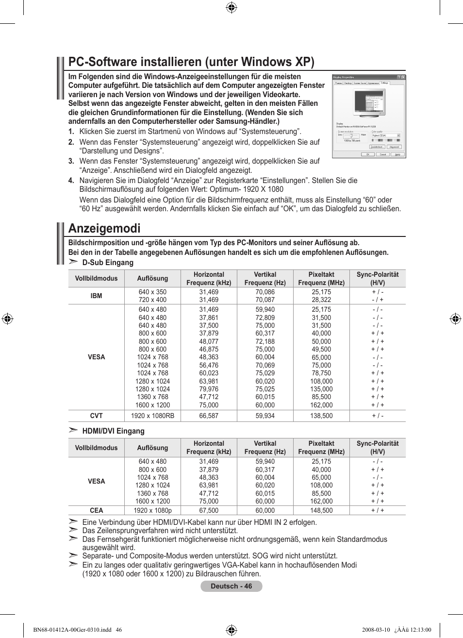 Pc-software installieren (unter windows xp), Anzeigemodi | Samsung LE37A656A1F User Manual | Page 184 / 546