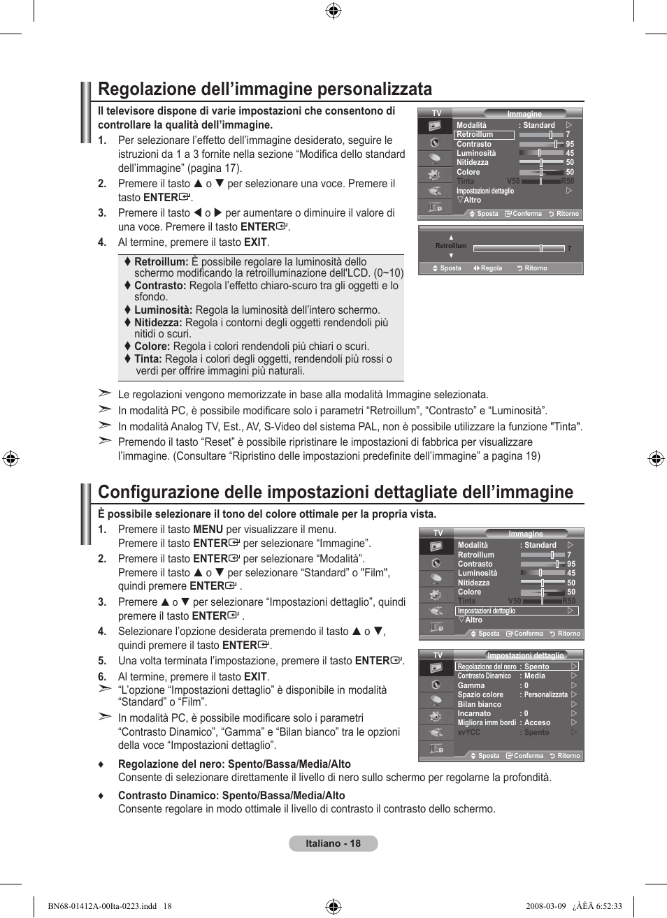 Regolazione dell’immagine personalizzata | Samsung LE37A656A1F User Manual | Page 292 / 546