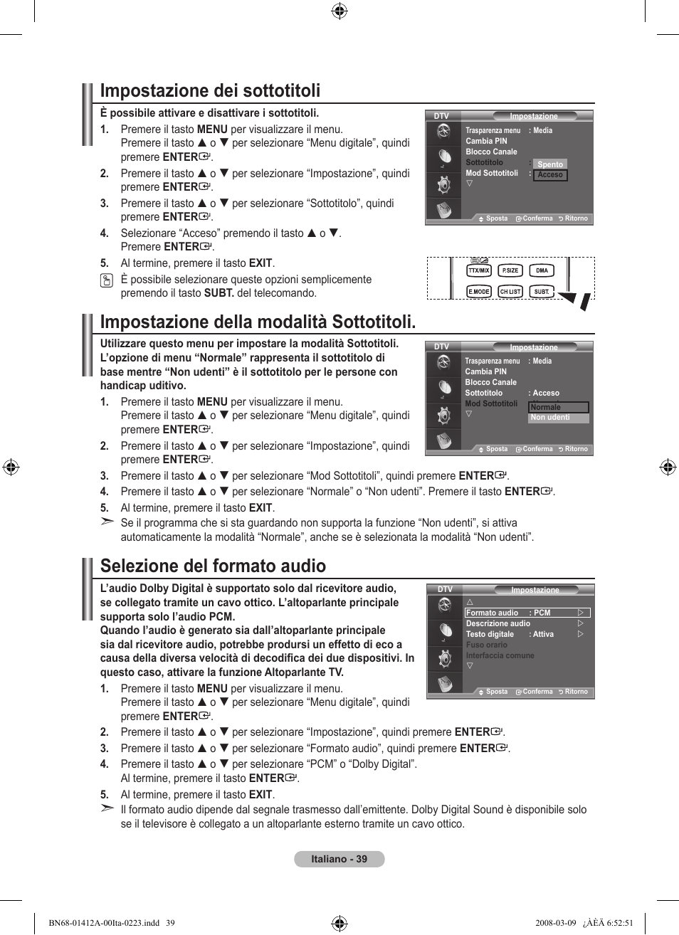 Impostazione dei sottotitoli, Impostazione della modalità sottotitoli, Selezione del formato audio | Samsung LE37A656A1F User Manual | Page 313 / 546