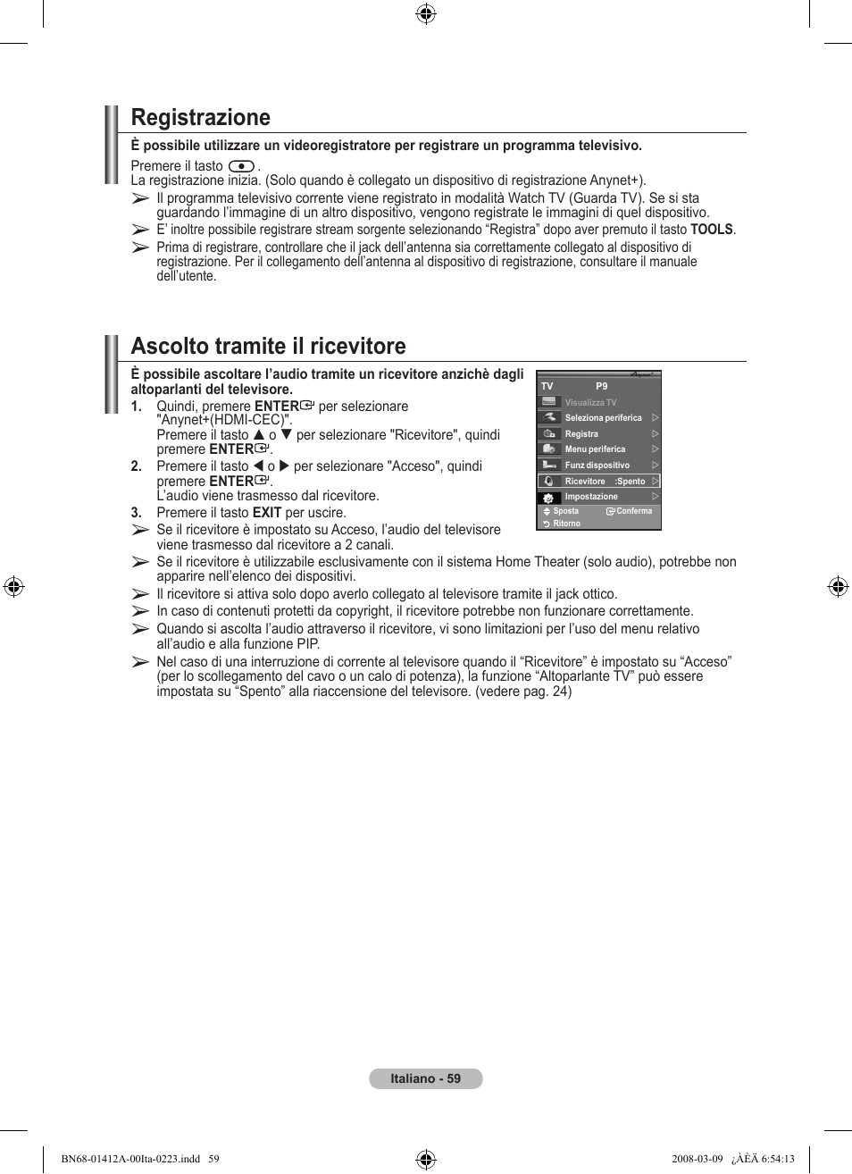 Registrazione, Ascolto tramite il ricevitore | Samsung LE37A656A1F User Manual | Page 333 / 546