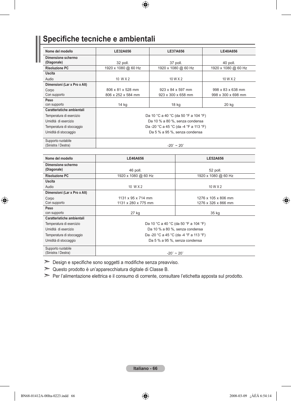 Specifiche tecniche e ambientali | Samsung LE37A656A1F User Manual | Page 340 / 546