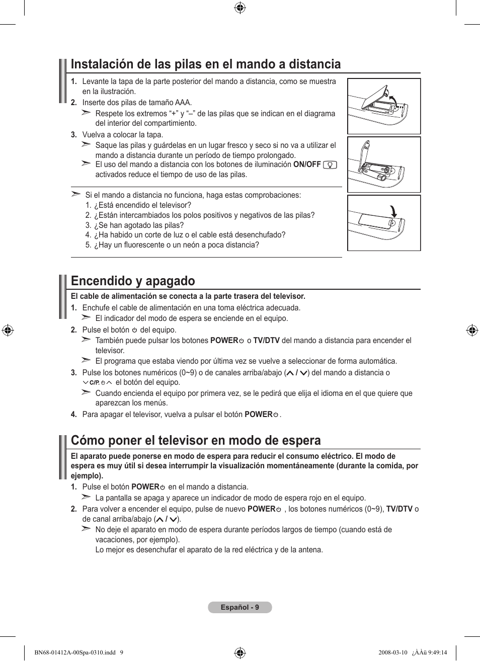 Instalación de las pilas en el mando a distancia, Encendido y apagado, Cómo poner el televisor en modo de espera | Samsung LE37A656A1F User Manual | Page 351 / 546