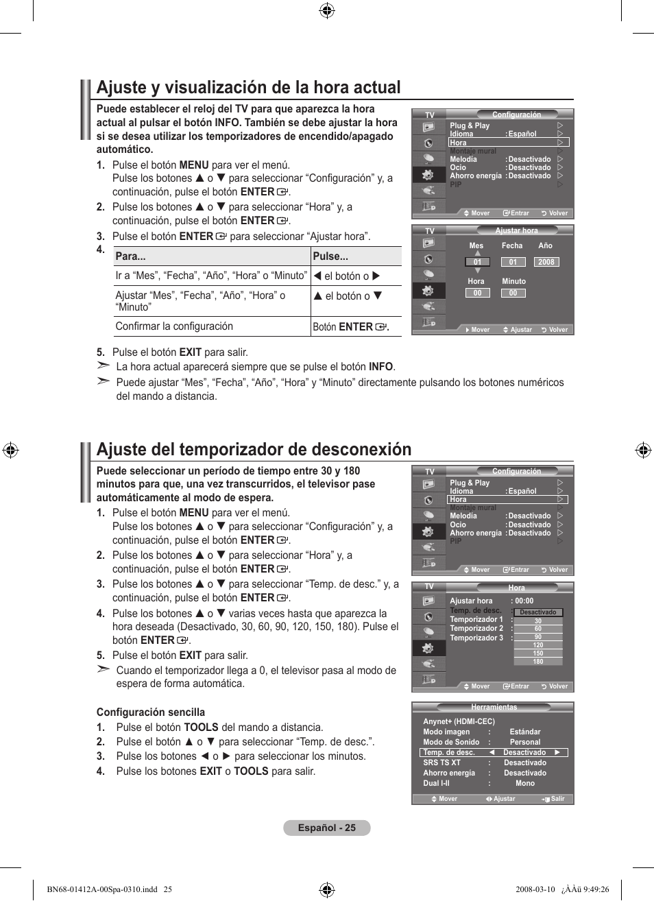 Ajuste y visualización de la hora actual, Ajuste del temporizador de desconexión | Samsung LE37A656A1F User Manual | Page 367 / 546