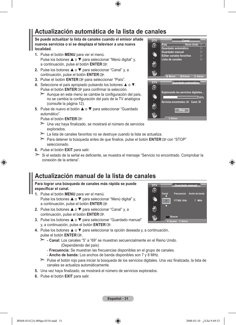Actualización automática de la lista de canales, Actualización manual de la lista de canales | Samsung LE37A656A1F User Manual | Page 373 / 546