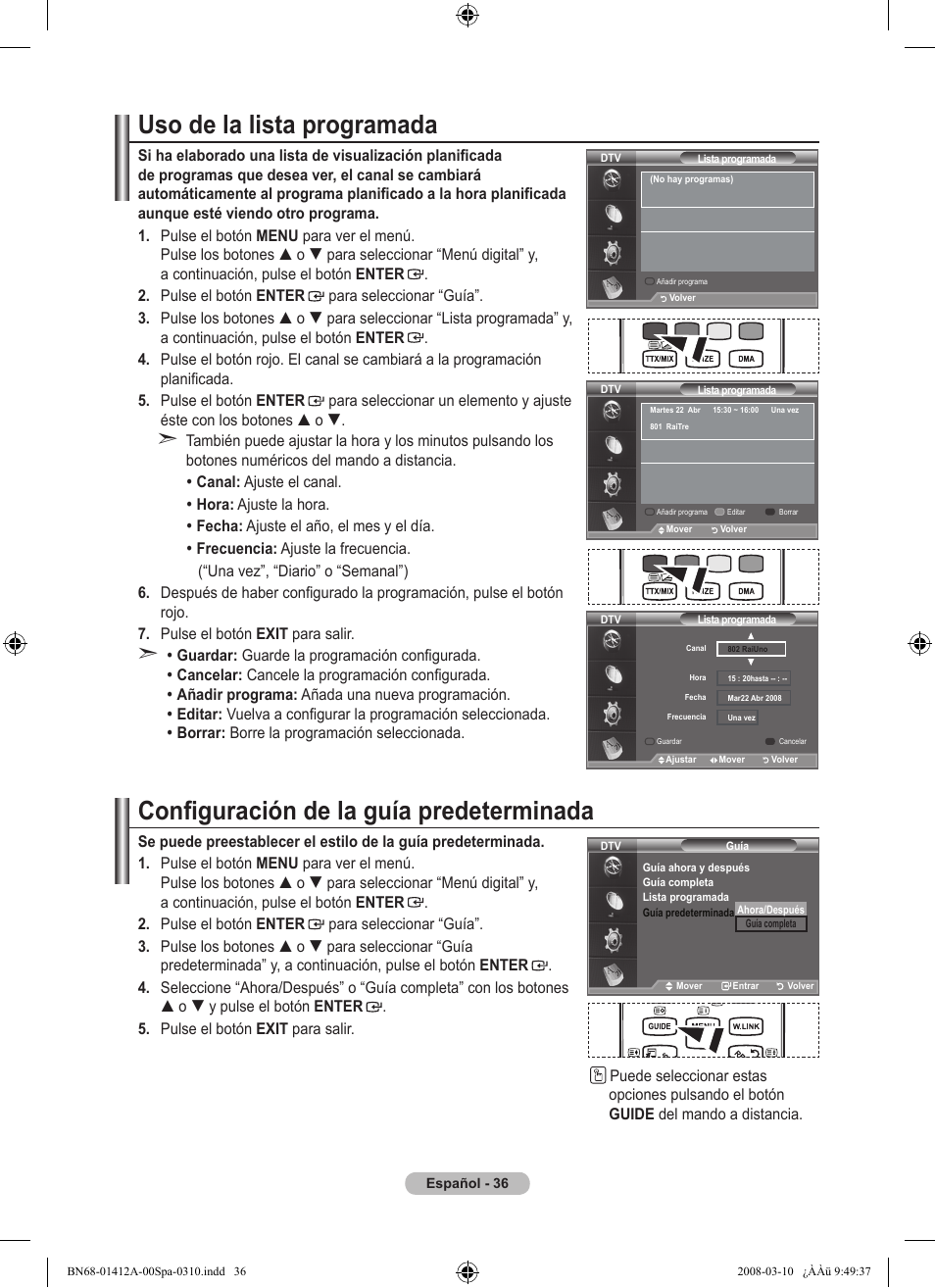Uso de la lista programada, Configuración de la guía predeterminada | Samsung LE37A656A1F User Manual | Page 378 / 546