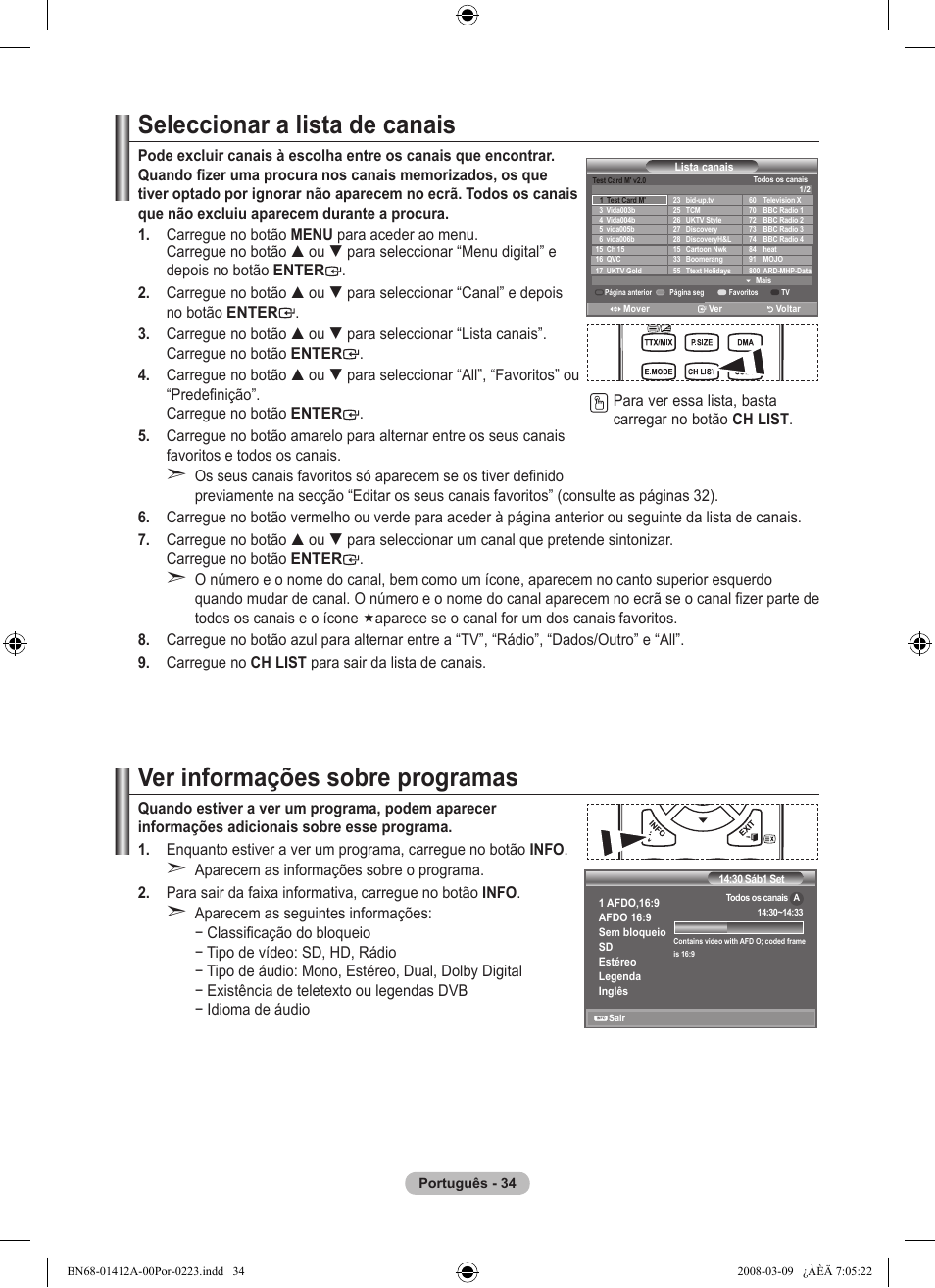 Seleccionar a lista de canais, Ver informações sobre programas | Samsung LE37A656A1F User Manual | Page 444 / 546
