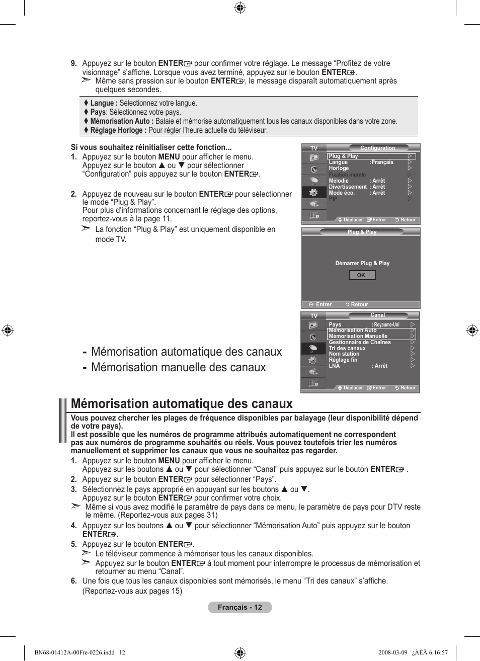 Mémorisation automatique des canaux | Samsung LE37A656A1F User Manual | Page 82 / 546