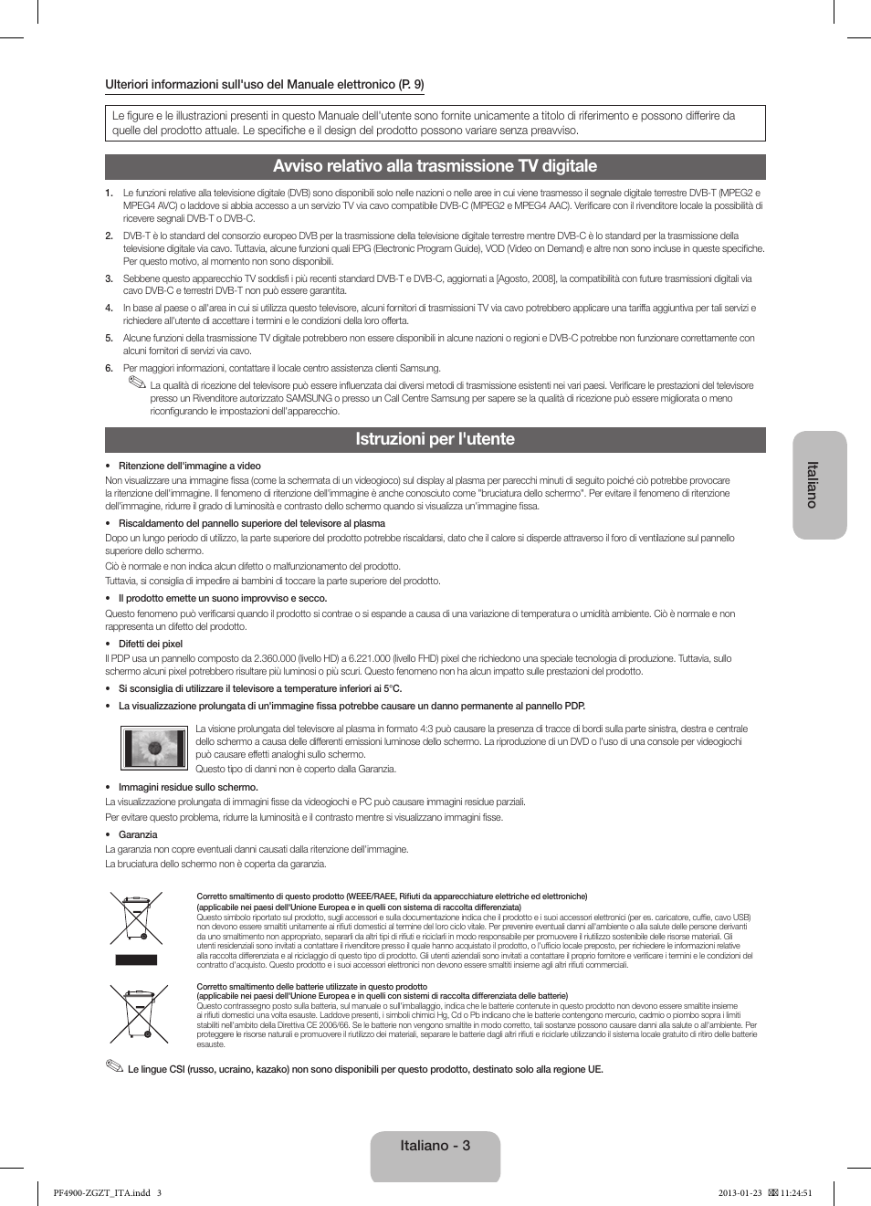 Avviso relativo alla trasmissione tv digitale, Istruzioni per l'utente | Samsung PS51F4900AK User Manual | Page 63 / 83