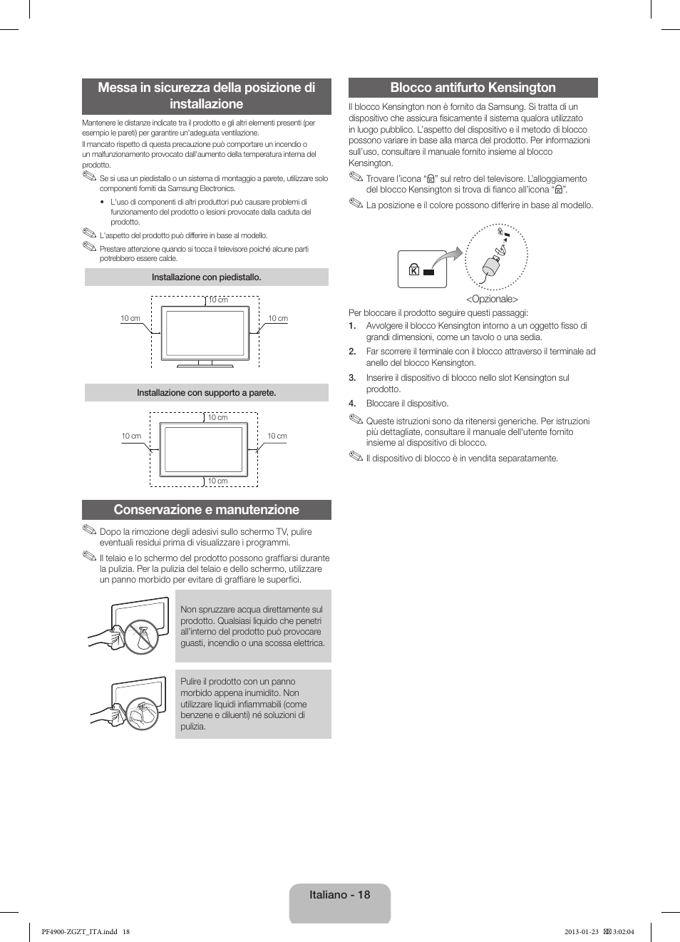 Conservazione e manutenzione, Blocco antifurto kensington | Samsung PS51F4900AK User Manual | Page 78 / 83