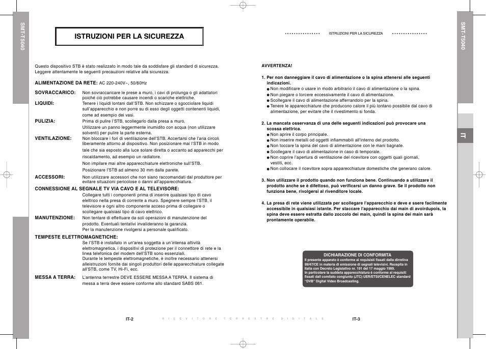 Istruzioni per la sicurezza | Samsung SMT-T5040 User Manual | Page 3 / 53