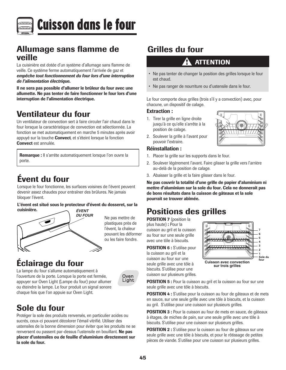 Cuisson dans le four, Éclairage du four, Sole du four | Ventilateur du four, Évent du four, Grilles du four, Positions des grilles, Allumage sans flamme de veille, Attention | Amana AGR5835QDW User Manual | Page 46 / 84