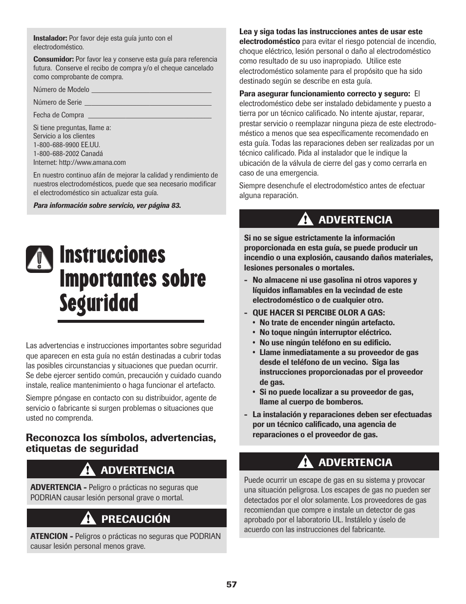 Instrucciones importantes sobre seguridad | Amana AGR5835QDW User Manual | Page 58 / 84
