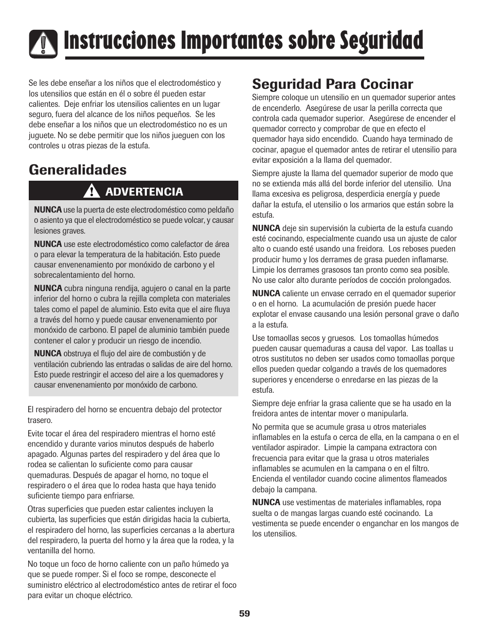 Instrucciones importantes sobre seguridad, Generalidades seguridad para cocinar | Amana AGR5835QDW User Manual | Page 60 / 84