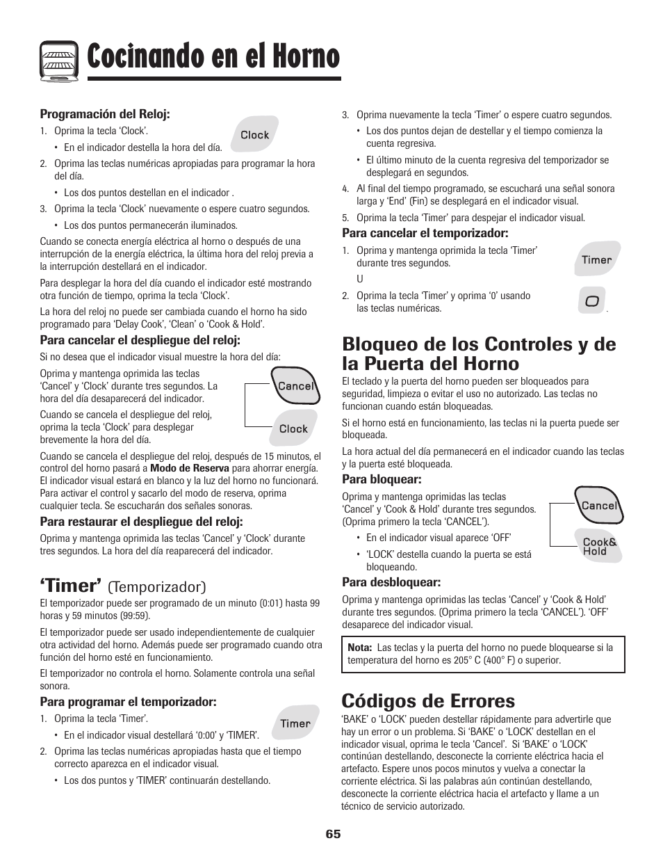 Cocinando en el horno, Timer, Bloqueo de los controles y de la puerta del horno | Códigos de errores, Temporizador) | Amana AGR5835QDW User Manual | Page 66 / 84