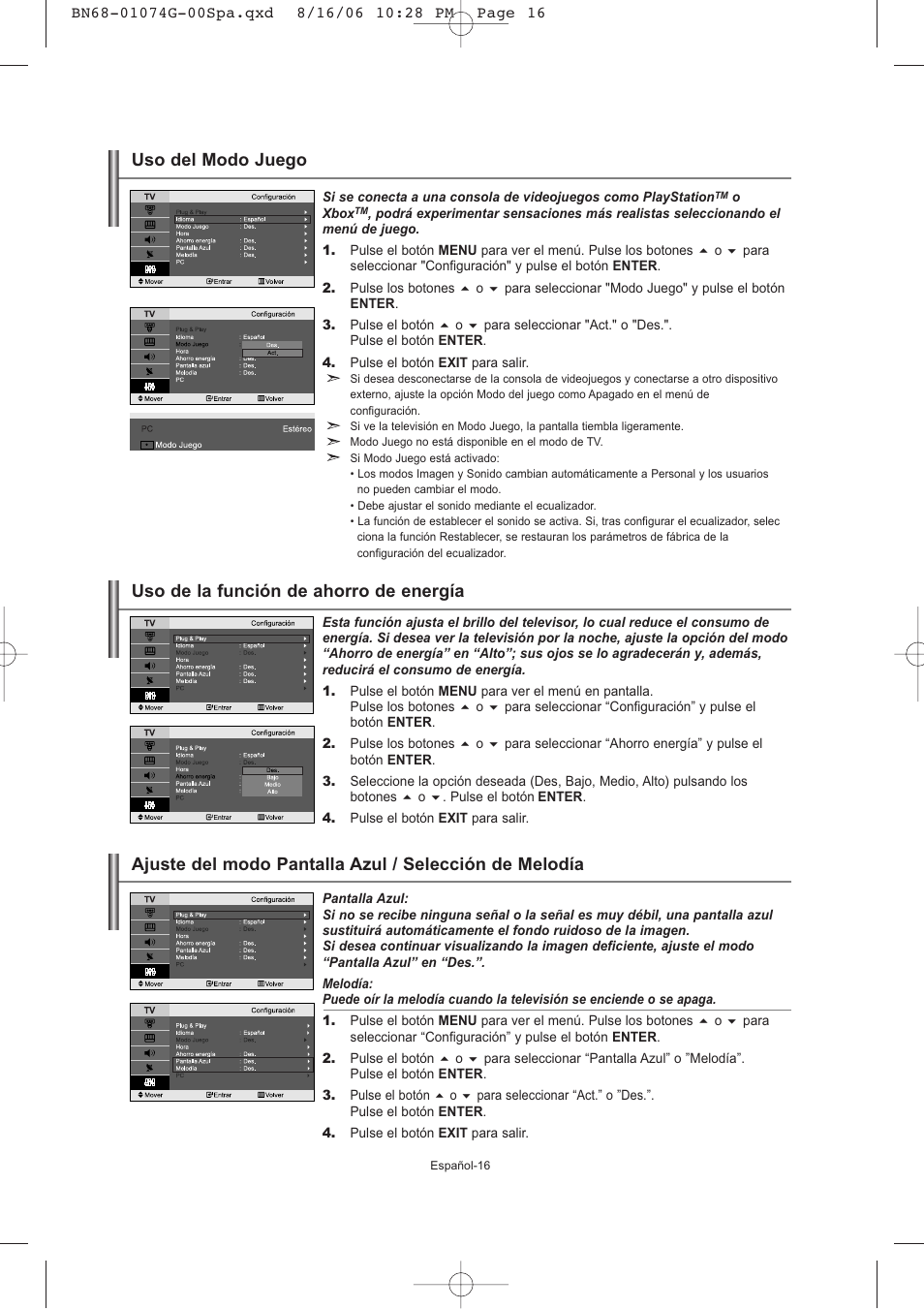 Uso de la función de ahorro de energía, Uso del modo juego | Samsung LE23R71B User Manual | Page 102 / 152