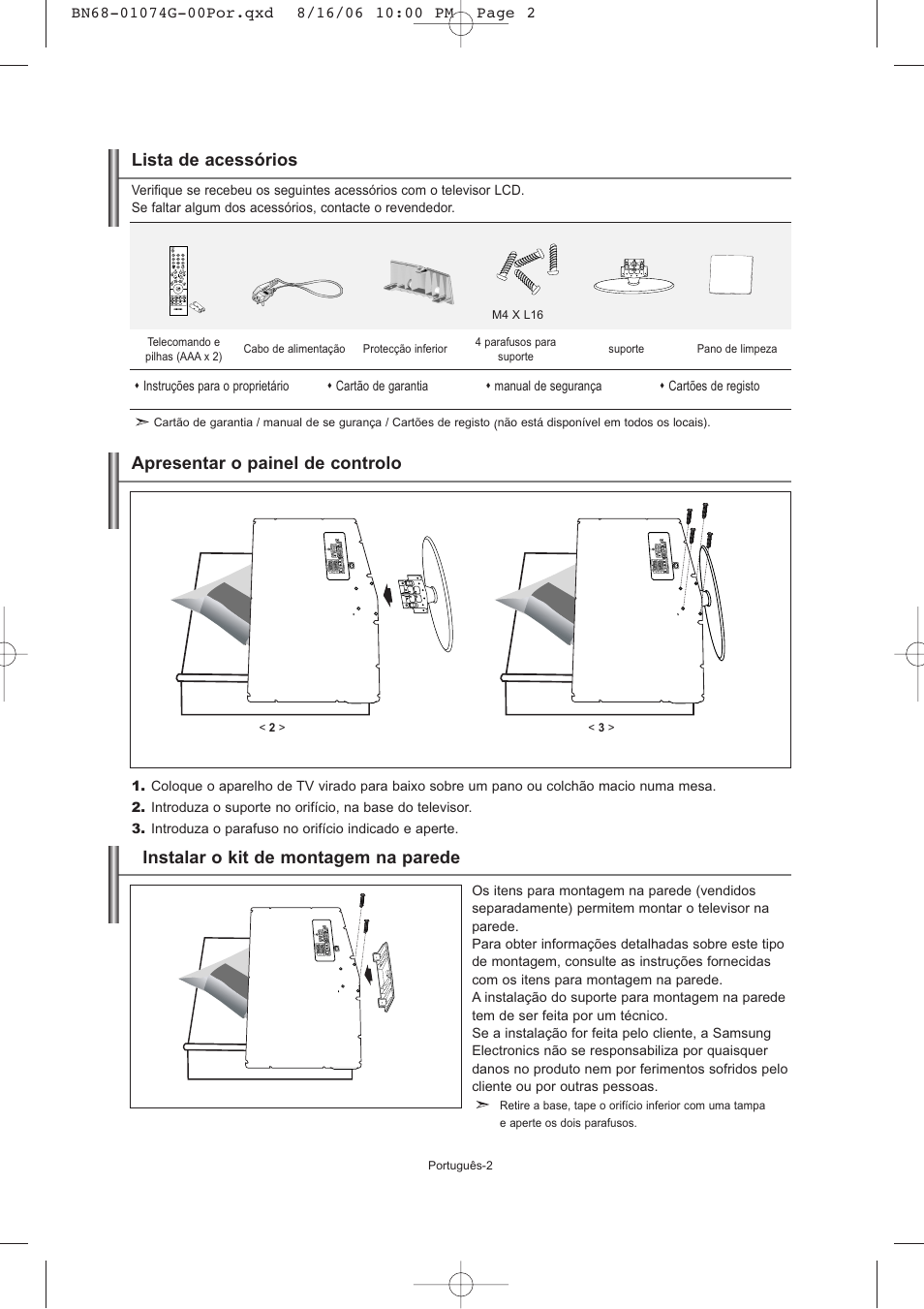Lista de acessórios, Apresentar o painel de controlo, Instalar o kit de montagem na parede | Samsung LE23R71B User Manual | Page 109 / 152
