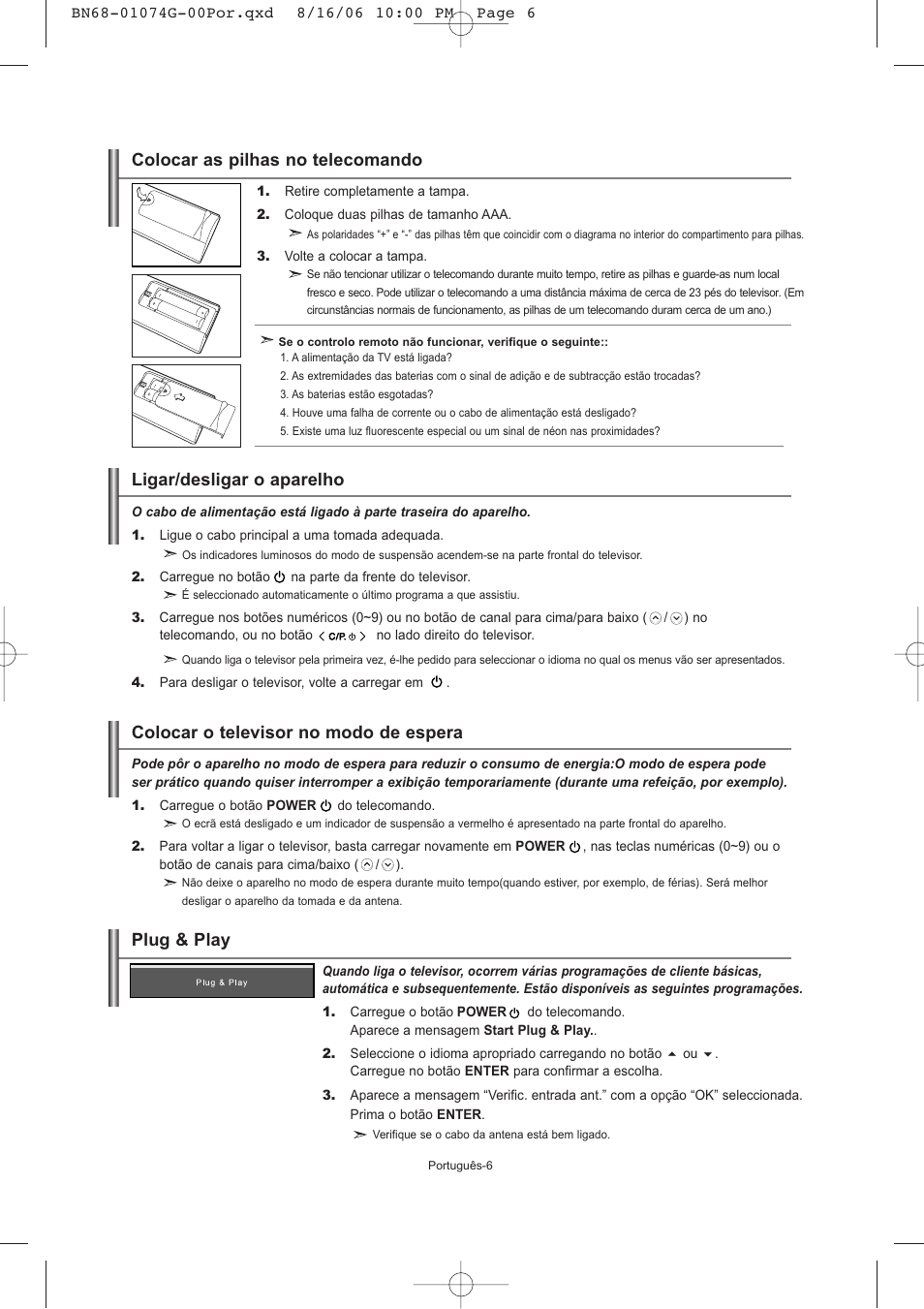 Plug & play, Colocar as pilhas no telecomando | Samsung LE23R71B User Manual | Page 113 / 152