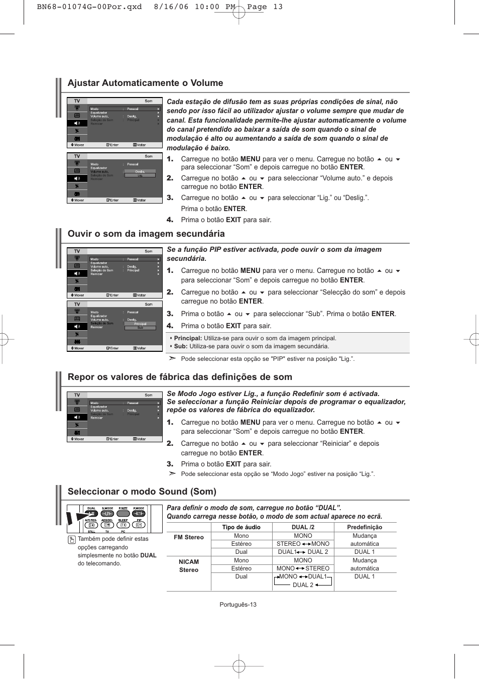 Ajustar automaticamente o volume, Ouvir o som da imagem secundária | Samsung LE23R71B User Manual | Page 120 / 152