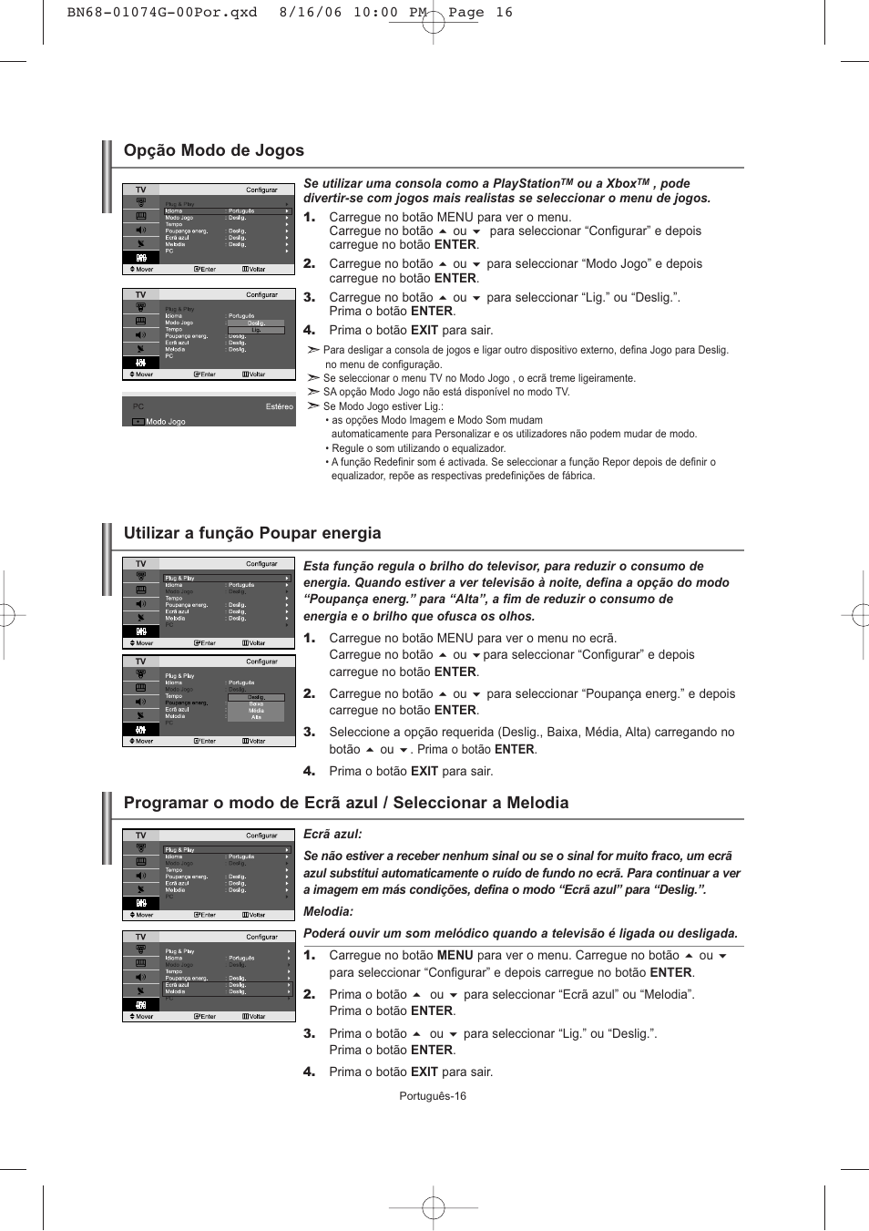 Utilizar a função poupar energia, Opção modo de jogos | Samsung LE23R71B User Manual | Page 123 / 152