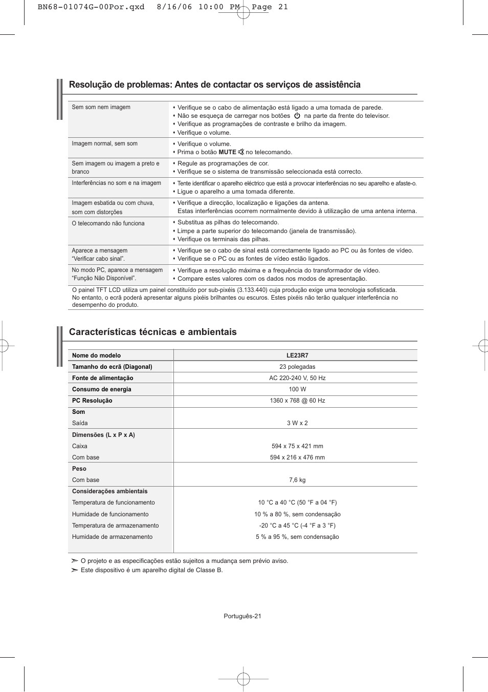 Características técnicas e ambientais | Samsung LE23R71B User Manual | Page 128 / 152