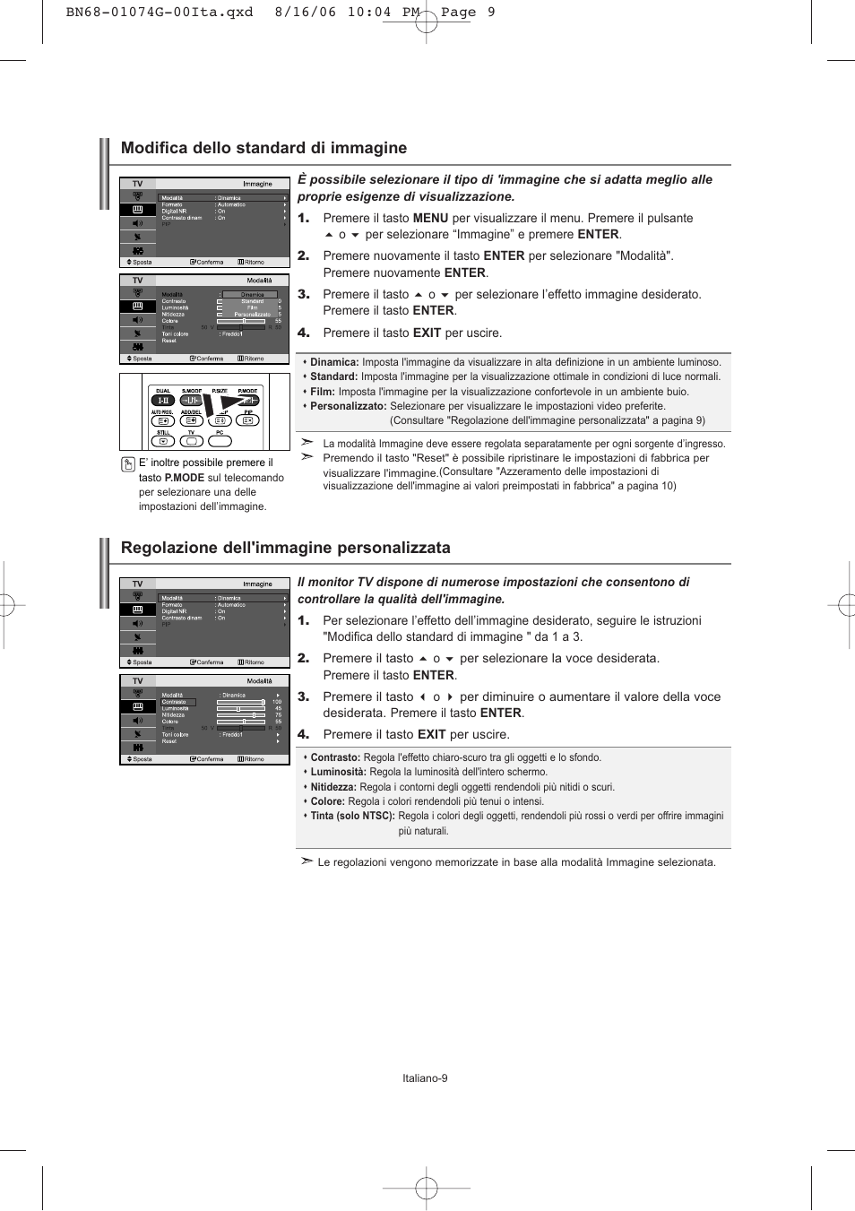 Modifica dello standard di immagine, Regolazione dell'immagine personalizzata | Samsung LE23R71B User Manual | Page 137 / 152