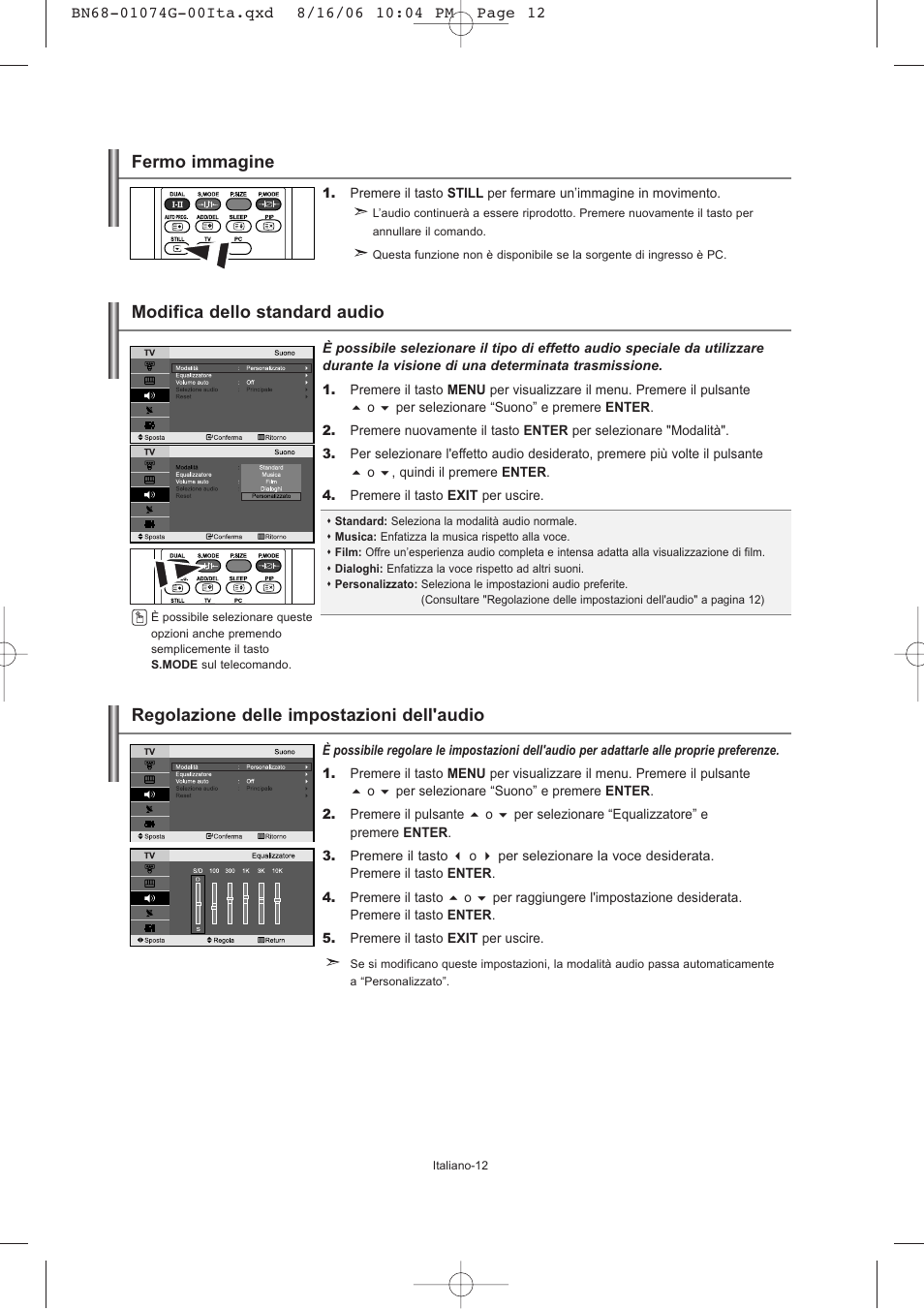 Regolazione delle impostazioni dell'audio, Modifica dello standard audio, Fermo immagine | Samsung LE23R71B User Manual | Page 140 / 152