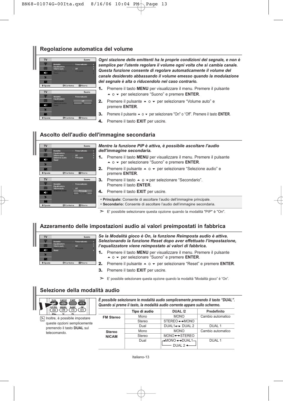 Regolazione automatica del volume, Ascolto dell'audio dell'immagine secondaria | Samsung LE23R71B User Manual | Page 141 / 152